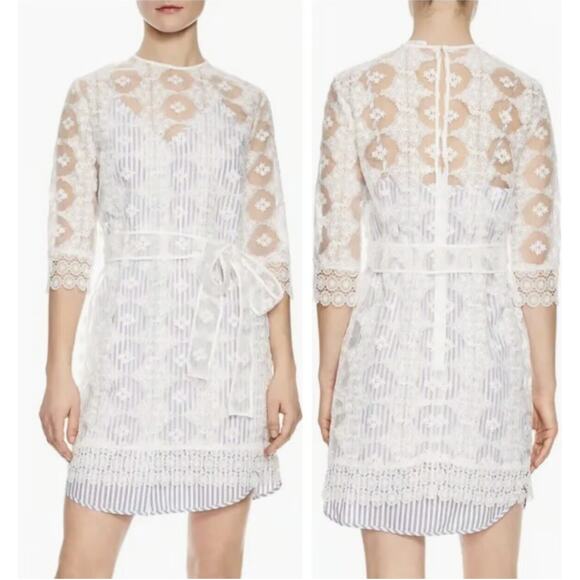 Sandro Paris Womens Dress Large Isabelle Floral Lace Mini Blue White Stripe EUC - Picture 1 of 15